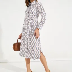 Styli Multi All Over Print Shirt Midi Dress with Tie Belt image 3