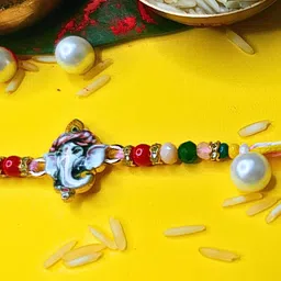 ORANGENYSHA Set Of 2 American Diamonds Studded & Beaded Meenakari Thread Rakhis image 4