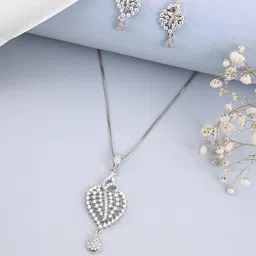 Peora Silver-Plated Cubic Zirconia Studded Pendant Chain & Earring Set-image-33