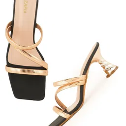 MOZAFIA Women Colourblocked Kitten Heels Sandals with Laser Cuts-image-5