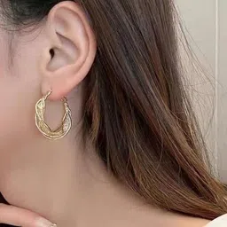 PolluxCraft Gold-Plated Artificial Stones Studded Contemporary Korean Hoop Earrings-picture-26