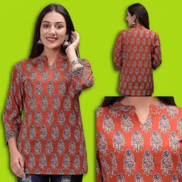 cozke enterprise Casual Regular Sleeves Printed Women Orange Top image 1