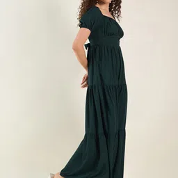 aayu Solid Green Puff Sleeve Square Neck Tiered Maxi Dress image 3