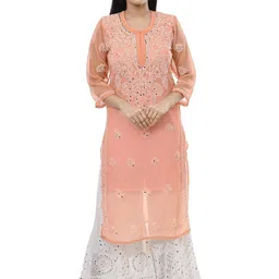 MRS RIGHT Women Floral Embroidered Mirror Work Georgette Kurta-picture-24