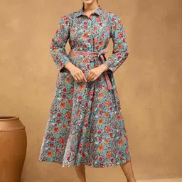 Fabindia Women Floral Printed Spread Collar Full Sleeves Shirt Dress-picture-11