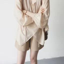 bebe Beige Sheer Wrap Tie Top-image-0