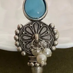 MOHATI Varuna Conical Silver Plated Monalisa Aqua Stone Handcrafted Ethnic Finger Ring-picture-22