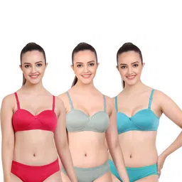 samvar Women Red,Green,Dark Blue Cotton Bra Panty Set for Lingerie Set Undergarments Pack of 3-picture-39