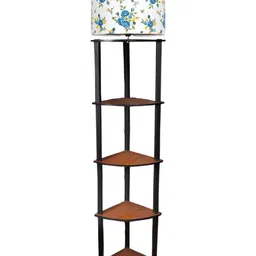 Devansh Black & White Cotton Drum Designer Wooden Shelf Floor Lamp image 2
