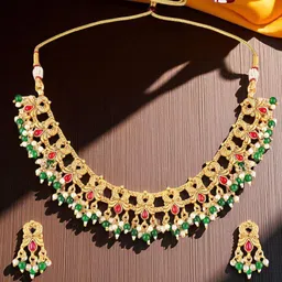 OOMPH Kempu Stone Studded & Beaded Peacock Designed Necklace Set-picture-34