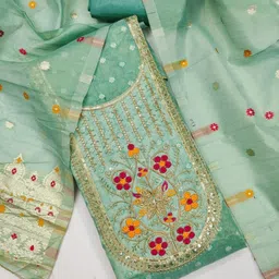 kalini Sea Green Simmer Silk Jacquard With Codding Work Unstitched Dress Material image 2