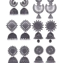DIVASTRI Set Of 6 Silver-Plated Artificial Beaded Oxidised Dome Shaped Jhumkas-image-50