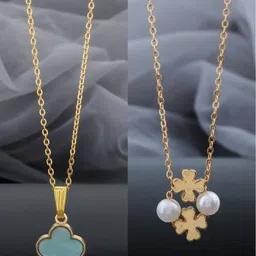 Birado Jewellery Set Of 2 Steel Gold-Plated Artificial Beaded Minimal Necklaces-picture-12