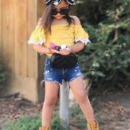 LULU & SKY Girls Off-shoulder Pure Cotton Top With Denim Shorts-picture-24