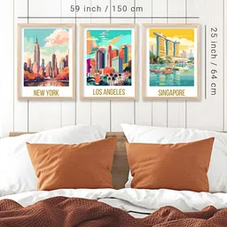 Kotart Brown & Blue 3 Pieces Cities Printed Wooden Wall Arts image 2
