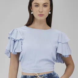 IZEL Flutter Sleeve Ruffles Styled Back Crop Top-image-65