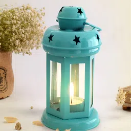 ASCERTIC Blue & Yellow 2 Pieces Textured Lantern Tealight Candle Holders-picture-36