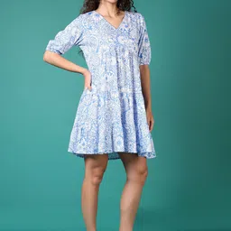 V-Mart Ethnic Motifs Print Puff Sleeve Layered Fit & Flare Dress image 4