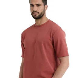RARE RABBIT Men Solid Round Neck Cotton Oversized T-shirt image 4