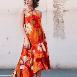 DressBerry Floral Print Halter Neck Ruffled A-Line Midi Dress-image-95