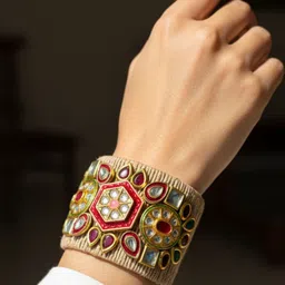 VIVAZS Gold-Plated Kundan Studded Oxidised Bangle-Style Bracelet image 1