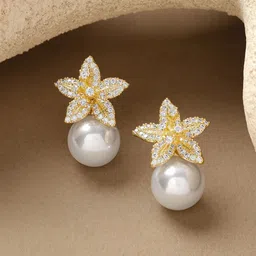 Rubans 18K Gold-Plated Cubic Zirconia Floral with White Pearls Studs-image-30