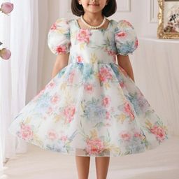 HOPZONIC Girls Floral Print Puff Sleeve A-Line Dress-picture-26