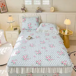 JC HOME Blue & Pink Floral 150 TC Fitted King Bedsheet With 2 Pillow Covers-image-97