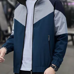 NATRIS Men Colourblocked Windcheater Biker Jacket with Embroidered image 2