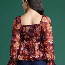 DressBerry Floral Print Puff Sleeve Georgette Peplum Top image 4