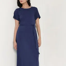 FableStreet Women Navy Blue Round Neck A-Line Dress-image-76