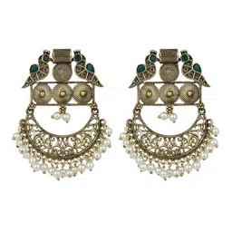 VENI Silver-Plated Artificial Stones Studded & Beaded Peacock Shaped Drop Earrings image 3