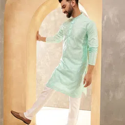 Anouk Sea Green Geometric Embroidered Mandarin Collar Straight Kurta With Pyjamas image 5