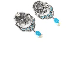 VENI 92.5 Silver Plated Artificial Stones Studded & Beaded Oxidised Circular Drop Earrings image 2