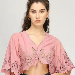 IZEL Women Embroidered Cotton V-neck Crop Top-image-63