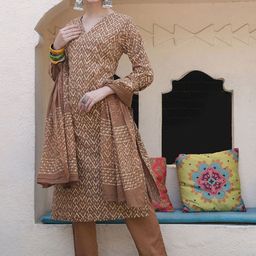 Taavi Women Geometric Printed Cotton A-Line Kurta with Trousers & Dupatta-picture-13