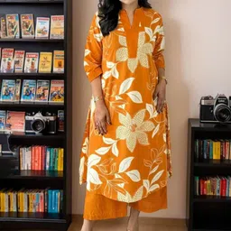 KALINI Floral Printed V-Neck Cotton Kurta with Trousers-image-27