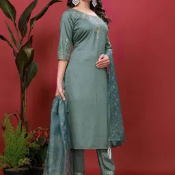 STYFLORA Women Ethnic Motifs Embroidered Regular Thread Work Kurta with Trousers & With Dupatta image 3