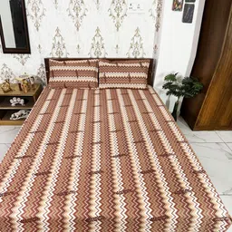Marika Brown & White Chevron Printed Cotton 200 TC King Bedsheet Set 2.74 m x 2.74 m-picture-26