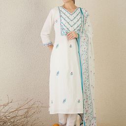 Indo Era Women Floral Embroidered Cotton Kurta with Trousers & Dupatta-picture-20