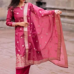 Moda Rapido Woven Design Notch Neck Straight Kurta With Trousers & Dupatta image 4