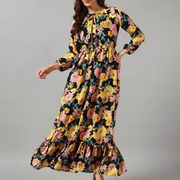 Raiyani Enterprise Floral Printed Tie-Up Neck Crepe Maxi Dress-image-53