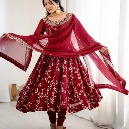 CANIZZARO Women Ethnic Motifs Embroidered Panelled Thread Work Kurta with Churidar & With Dupatta image 2