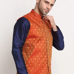 KRAFT INDIA Men Red & Gold-Toned Ethnic Motifs Jacquard Nehru Jacket image 2