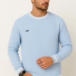 wulvee Men Self Design Round Neck Light Blue Sweater image 4