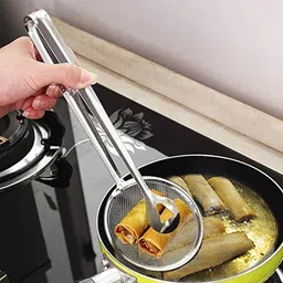 2 in 1 Steel Fry Tool Filter Spoon Mesh Strainer Tongs Oil Skimmer with Clip Strainer-image-97