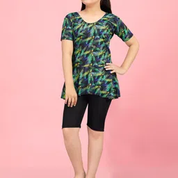 Muhuratam Girls Sports Wear Green Colour Abstract Print Nylon Swim Suit-image-2