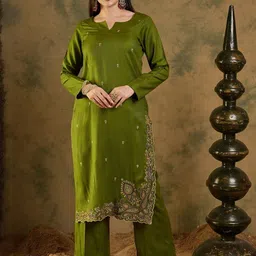 HK colours of fashion Ethnic Motifs Embroidered Pashmina Unstitched Dress Material image 2