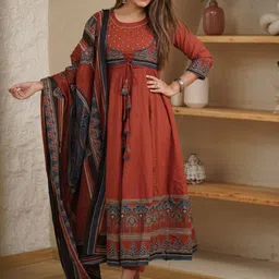 Anouk Red Ethnic Motifs Printed Empire Zardozi Pure Cotton Kurta With Trousers & Dupatta-image-16