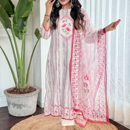 KALINI Square Neck Striped Straight Kurta with Trouser & Dupatta-image-45